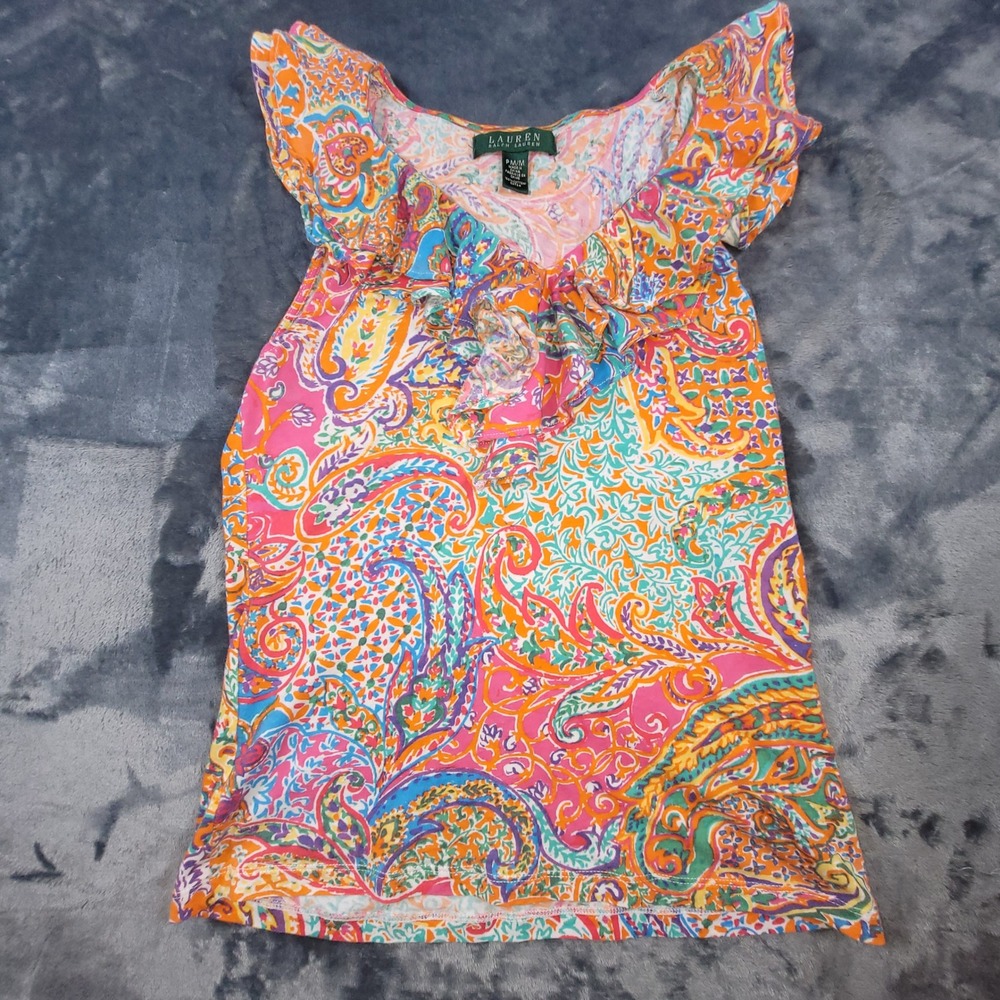 Lauren‎ Ralph Lauren Paisley Ruffle V-Neck Cotton Tank Top Orange Pink PM M